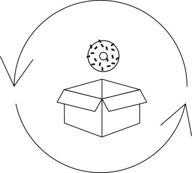 Oklarla çevrili açık bir kutunun üzerinde asılı duran bir çörek, sürekli teslimatı veya ambalaj konseptini simgeler..