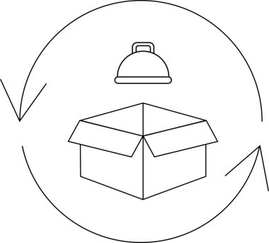Bir yemek dağıtım servisini tasvir eden basit bir çizgi sanat ikonu, bir kutu ve saat, dairesel bir okla çevrili.
