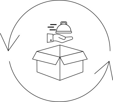 Yemek teslimatını tasvir eden basit bir çizgi sanat ikonu, açık bir kutunun üzerinde kapalı bir tabak sunan bir el, oklarla çevrili..