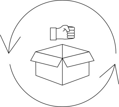 Kutu simgesini, ambalaj sürecini, geri dönüşüm konseptini, vektör illüstrasyonunu, çizgi sanatını, siyah ve beyaz