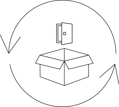A symbolic illustration featuring an open box with a door above it, encircled by circular arrows, suggesting a cycle or process.