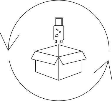 Yuvarlak oklarla çevrili, bavulu açık bir kutunun üzerinde tasvir eden simge, paketleme ve boşaltmayı sembolize ediyor, ya da nakliye ve alımı.