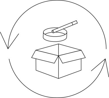 Bir kutu, kül tablası ve sigara içeren bir geri dönüşüm kavramının çizgi çizimi, atık yönetimi ve çevre bilincini sembolize ediyor.