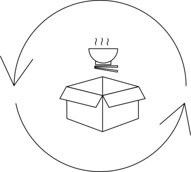 Yiyecek ambalajının geri dönüşümünün sembolik bir göstergesi. Yuvarlak bir okla çevrili, açık bir kutunun üzerinde çubuklar olan bir kase şehriye..