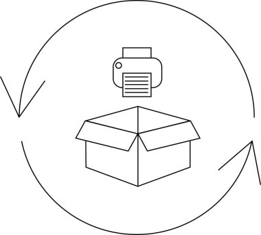 Basit bir çizgi yeniden kullanım ve sürdürülebilirliği sembolize eden bir yazıcı, kutu ve dairesel oklarla geri dönüşümü resmeder.