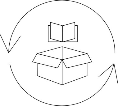 Bir kutu, kitap ve dairesel ok ile geri dönüşüm sürecini tasvir eden basit bir çizgi çizimi.