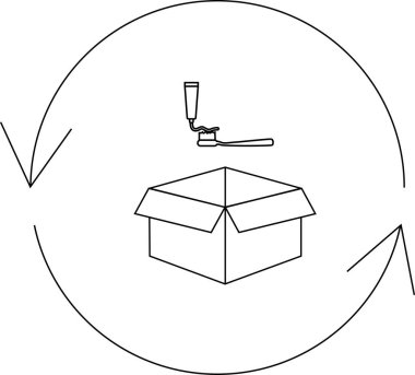 Diş macunu tüpleri ve diş fırçalarının geri dönüşümünün kavramsal çizimi. Geri dönüşüm oklarıyla çevrili diş fırçası ve diş macunuyla dolu kutuyu aç.