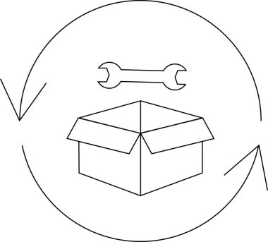 Bir kutu, anahtar ve dairesel oklar içeren basit bir çizgi resim simgesi, onarım, bakım veya geri dönüş işlemini simgeliyor.