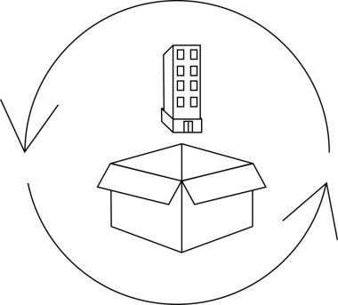Açık bir kutunun üzerinde, bir süreci veya sistemi sembolize eden dairesel bir ok döngüsüyle çevrili bir binayı gösteren siyah beyaz bir illüstrasyon.