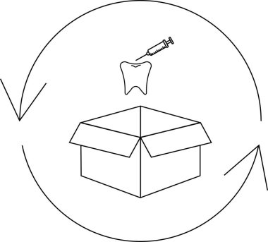 Açık bir kutunun üstündeki diş iğnesinin, geri dönüşüm sembolüyle çevrelenmiş, diş atıklarının geri dönüşümünü temsil eden bir çizgi çizgisi..