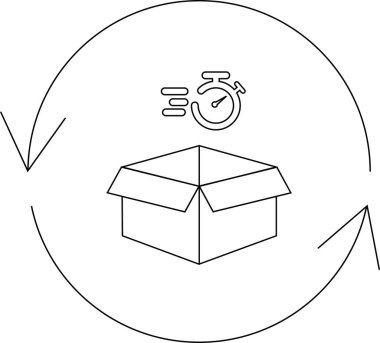 Hızlı teslimat ve dönüş servisini tasvir eden simge, bir kutu, kronometre ve dairesel oklarla verimli nakliye ve dönüş işlemlerini sembolize eder..