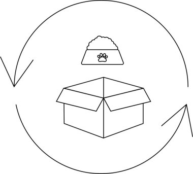 Hayvan maması abonelik kutusu servisinin geri dönüşüm oklarıyla kavramsal illüstrasyonu, hayvan sahipleri için sürdürülebilirlik ve kolaylık önerisi.