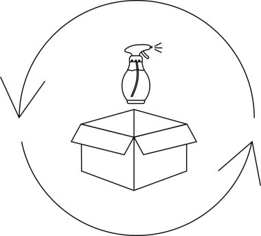 Geri dönüşümü gösteren basit bir çizim, bir kutu, sprey şişesi ve dairesel oklar, yeniden kullanımı ve çevresel bilinci sembolize eden.