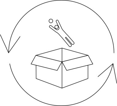 Geri dönüşüm sembolüyle çevrili bir kutuya top atan bir figürü gösteren basit bir çizim çizimi, geri dönüşüm konseptini iletiyor..