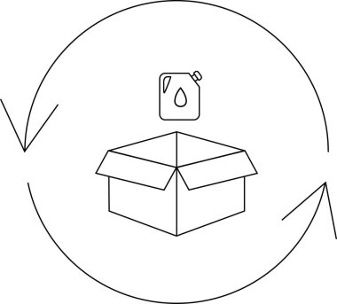 Petrol ambalajının geri dönüştürülmesi, sürdürülebilir uygulamaların ve çevresel sorumlulukların vurgulanması. Dairesel geri dönüşüm sembolü içinde açık bir kutunun üzerinde bir konteynır gösterir.