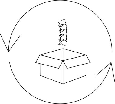 Yuvarlak oklarla çevrili, açık bir kutunun üzerinde bir omurga gösterilir, sağlık veya hareket hakkında kavramsal bir çizim oluşturur..