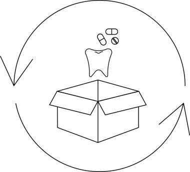 Bir kutu, diş, hap ve geri dönüşüm okları ile diş sağlığı, ilaç ve çevre bilincini sembolize eden bir diş perisi konsepti çizimi.