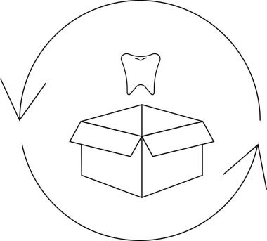 Diş sağlığı ve çevre sorumluluğunu sembolize eden, etrafında ok olan bir kutunun üstündeki diş tasviri.