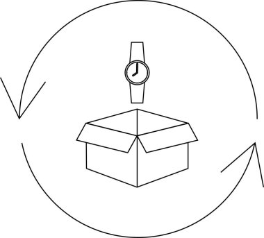 Oklarla çevrili bir kutunun üstündeki saat zaman yönetimini, teslim tarihlerini ve görev ve programların döngüsel doğasını sembolize eder..