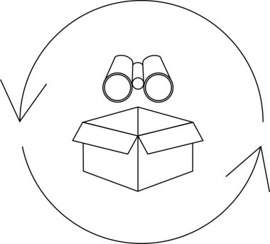 Açık bir kutunun üzerinde dairesel bir okla çevrili basit bir dürbün resim simgesi.