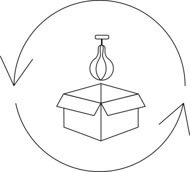 Dairesel bir okla çevrili, açık bir kutunun üstündeki boks torbası eğitimi veya ambalajı sembolize ediyor..