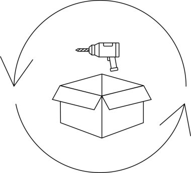Açık bir kutunun üzerindeki matkabı tasvir eden basit bir çizgi sanat simgesi, geri dönüşümlü oklarla çevrelenmiş, sürdürülebilir uygulamaları ve DIY projelerini sembolize eden.