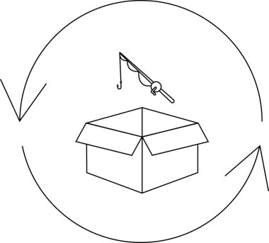 Yuvarlak bir okla çevrili, açık bir kutunun üzerindeki olta oltası, balıkçılıkla ilgili bir döngü veya süreci işaret ediyor..