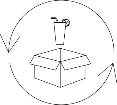 Yeniden kullanım ve sürdürülebilirliği sembolize eden dairesel bir ok içinde bir içki ve bir kutu içeren bir geri dönüşüm kavramının tasviri.