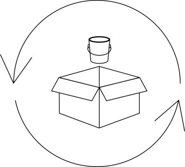 Bir kutu, kova ve dairesel oklarla geri dönüşüm sürecini tasvir eden basit bir siyah beyaz çizim.