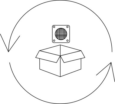 Yeniden kullanım ve sürdürülebilirliği temsil eden bir kutu, filtre ve dairesel ok ile bir geri dönüşüm sürecinin canlandırması.