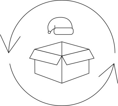 Açık bir kutunun üzerinde dairesel bir okla çevrili bir Noel Baba şapkası olan bir hediye alışverişini tasvir eden basit bir çizgi sanat ikonu..