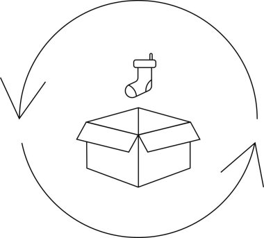 Kutunun üstündeki bir Noel çorabının basit bir çizimi. Etrafı oklarla çevrili. Hediye değiş tokuşunu temsil ediyor..