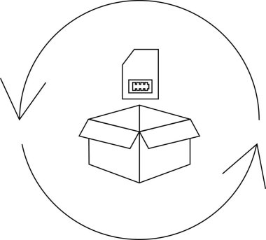 Dairesel bir ok içinde bir kutu ve dosya simgesi içeren veri değişim sürecinin kavramsal illüstrasyonu, aktarım ve depolamayı sembolize eder.