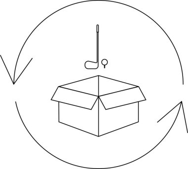 Golf ekipmanlarının geri dönüşümünün kavramsal çizimi, bir kutu, golf sopası, top, golf sopası ve dairesel oklar, yeniden kullanımı ve sürdürülebilirliği sembolize ediyor..
