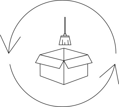 Bir kutu ve süpürge ile geri dönüşüm konseptini tasvir eden basit bir çizgi çizimi temizliği ve yeniden kullanımını simgeliyor..
