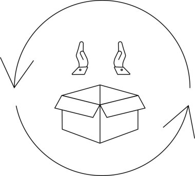 Yeniden kullanım ve çevresel sorumluluk kavramını temsil eden, elleri ve okları olan bir geri dönüşüm kutusunun çizimi.