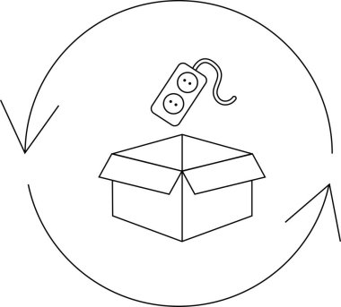 Elektrik atığının geri dönüşümü, dairesel geri dönüşüm sembolü içinde bir kutu ve güç şeridi bulunması, çevresel sorumluluğun vurgulanması.