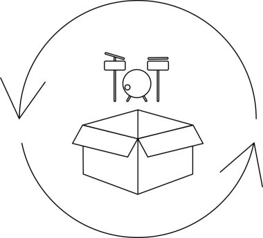 Müzikal enstrümanların geri dönüşümünü gösteren kavramsal bir illüstrasyon, özellikle davullar, bir karton kutu ve dairesel geri dönüşüm ok sembolü kullanılarak..