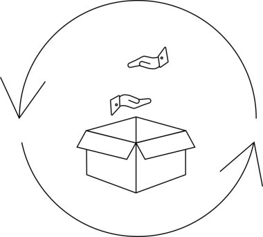 Geri dönüşüm sürecinin tasviri, ellerin dairesel bir okla çevrelenmiş eşyaları bir kutuya yerleştirmesi, sürekli yeniden kullanım döngüsünü sembolize ediyor.