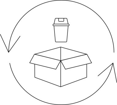 Bir karton kutu ve kahve fincanının yer aldığı geri dönüşüm sembolü, atık yönetimi ve çevre sorumluluğunu temsil ediyor.