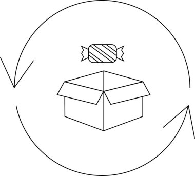 Açık bir kutunun üzerinde şekerleme içeren minimalist bir çizgi, döngü okuyla çevrelenmiş, şekerle ilgili bir döngü ya da süreci sembolize ediyor.