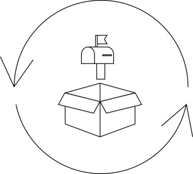Bir posta kutusunun açık bir kutunun üzerindeki basit bir satır çizimi, oklarla çevrelenmiş, teslimatı, dönüşü veya döngüsel bir süreci sembolize ediyor.