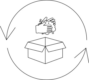 Basit bir çizgi sanat ikonu, el yıkamayı bir kutunun üzerinde tasvir eder, dairesel bir okla çevrili, hijyeni ve geri dönüşümü sembolize eder..