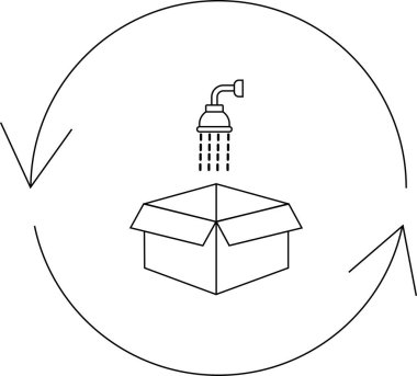 Geri dönüşüm okları olan bir kutunun üzerindeki duş başlığı, suyun korunmasını ve sürdürülebilir ambalajı sembolize ediyor.