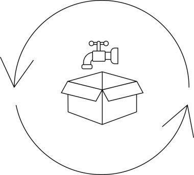 Basit bir çizim, açık bir kutunun üzerine yerleştirilmiş su koruma ve yeniden kullanımını sembolize eden dairesel bir okun içindeki musluğu tasvir eder..