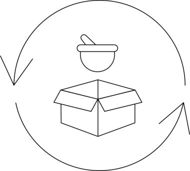 Havan ve tokmak geri dönüşüm sembolü içinde açık kutu üzerinde, farmasötik veya tıbbi atık geri dönüşümü önerir.