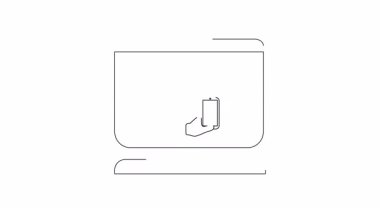 Saati cep telefonuyla senkronize eden bilgisayar ekranını gösteren temiz bir çizgi çizimi. Teknoloji ve zaman yönetimi kavramları için ideal.