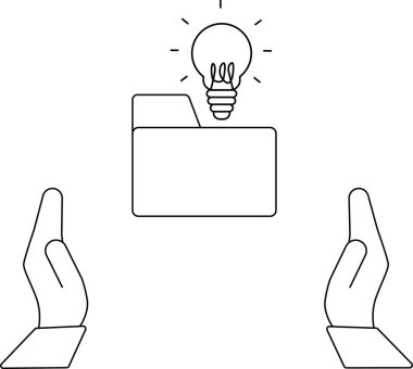 Üzerinde ampul olan bir klasörü sunan ellerin tasviri yaratıcı fikirleri ve yeniliği sembolize ediyor..