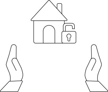 Ev güvenliği, güvenlik ve mülkiyet koruma kavramlarını temsil eden, açık kilidi olan bir evi koruyan eller tasviri.