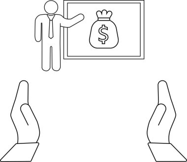 Tahtadaki para çantasına bakan bir sunucuyu gösteren bir çizgi çizgisi çizimi, aşağıda koruma veya yatırımı simgeleyen eller var.